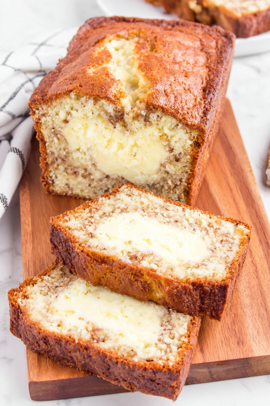 A slice of cream cheese banana bread.