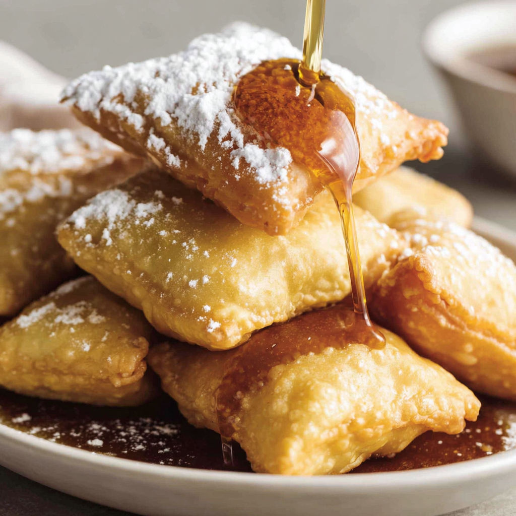 A stack of Sopapillas with syrup drizzled on top.