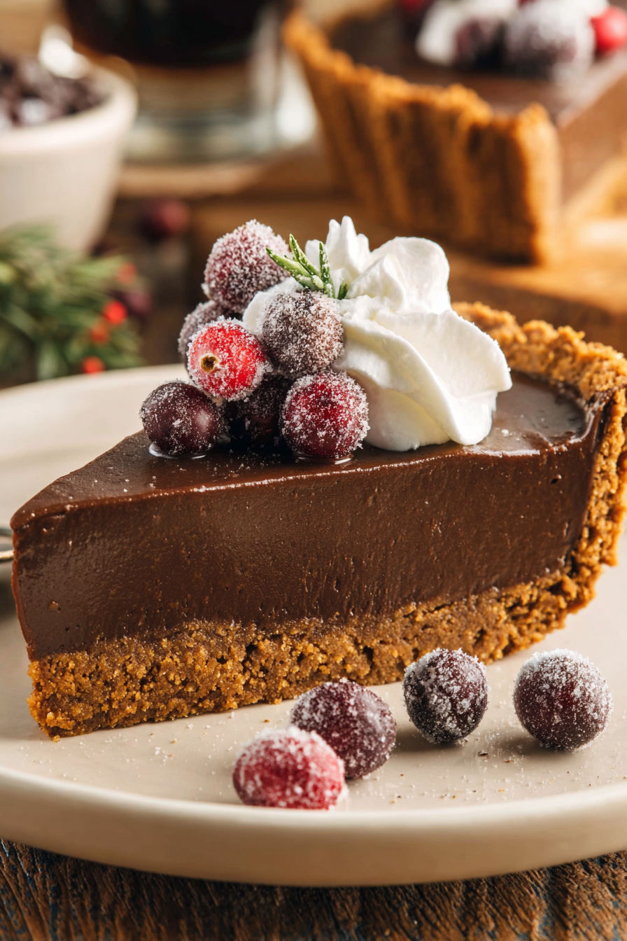 A slice of chocolate gingerbread tart with white whipped cream and raspberries.