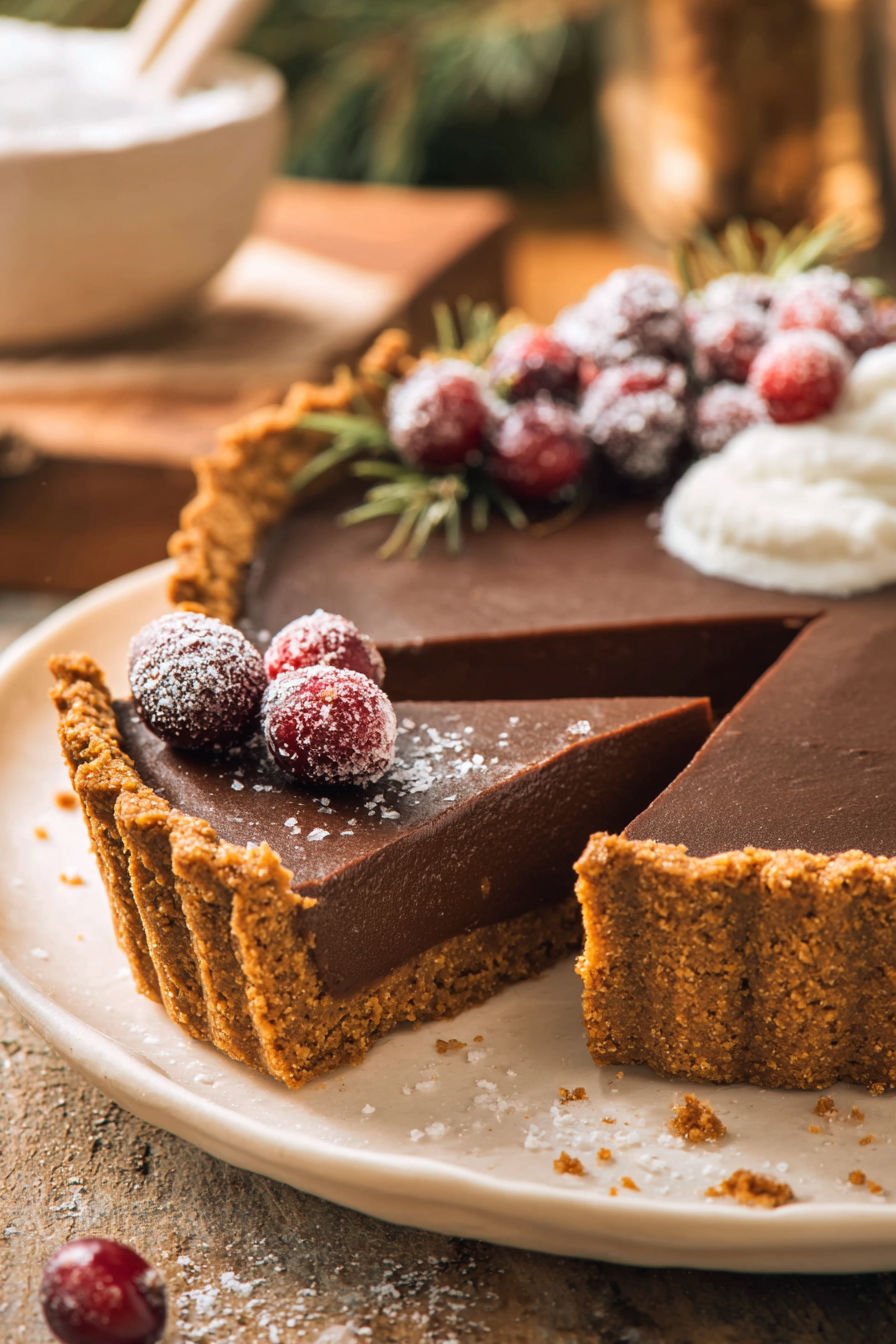 A slice of chocolate gingerbread tart.