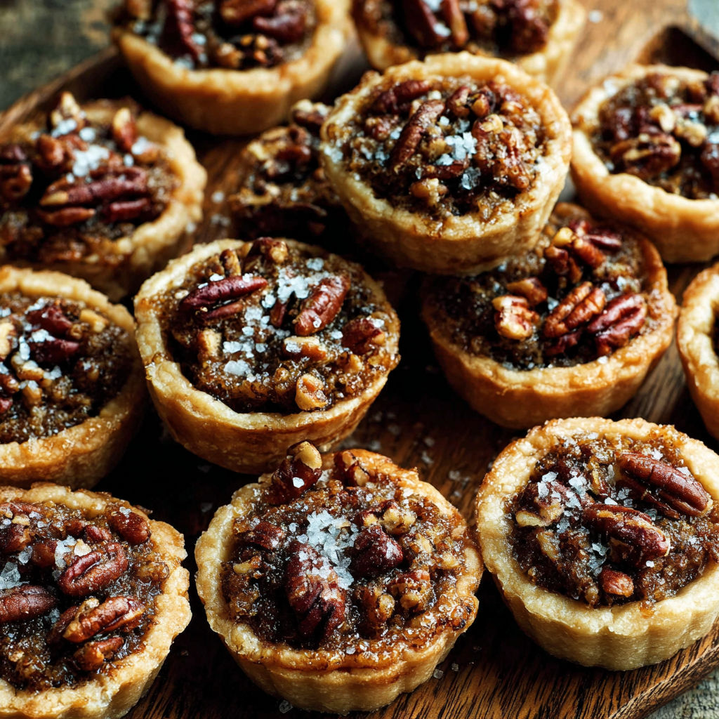 Mini pecan pies with a dusting of sugar.