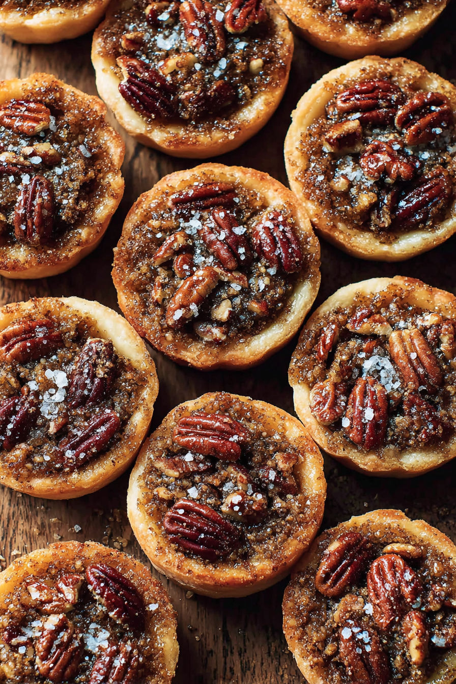Mini pecan pies with a dusting of sugar.