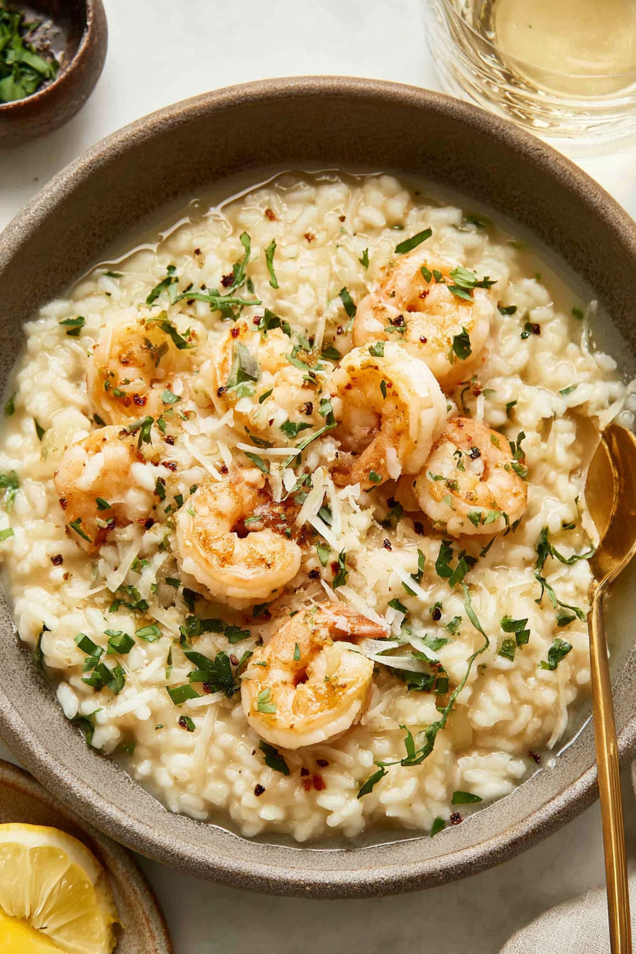 A bowl of shrimp and rice with a spoon in it.