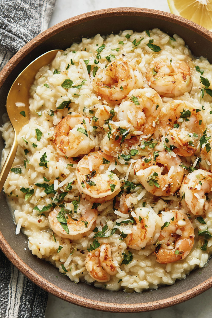 A bowl of shrimp and rice with herbs.