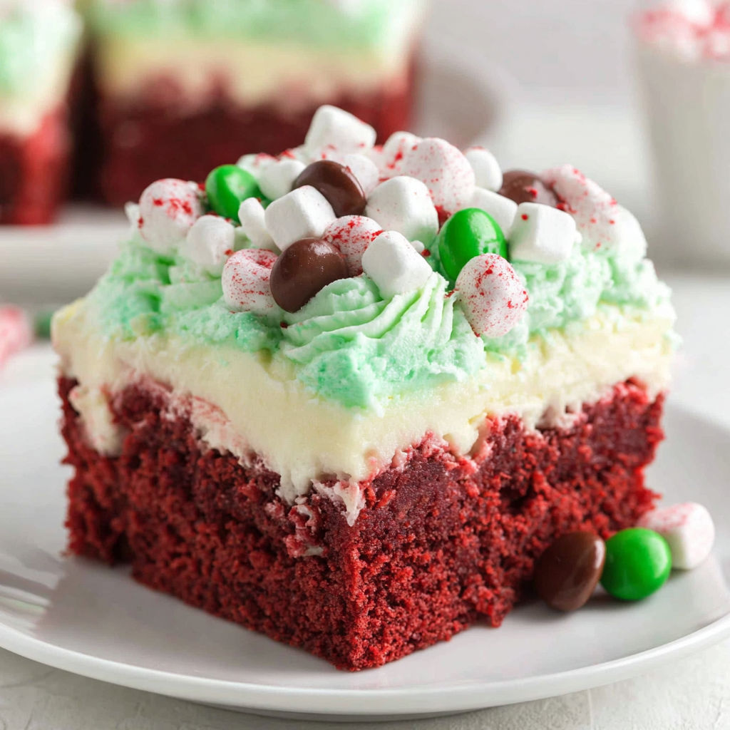 A slice of red velvet cake with white frosting and green candy.