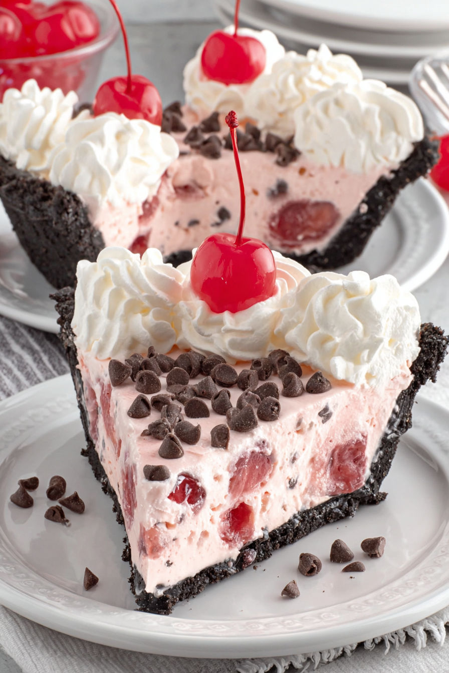 A slice of chocolate cherry pie.