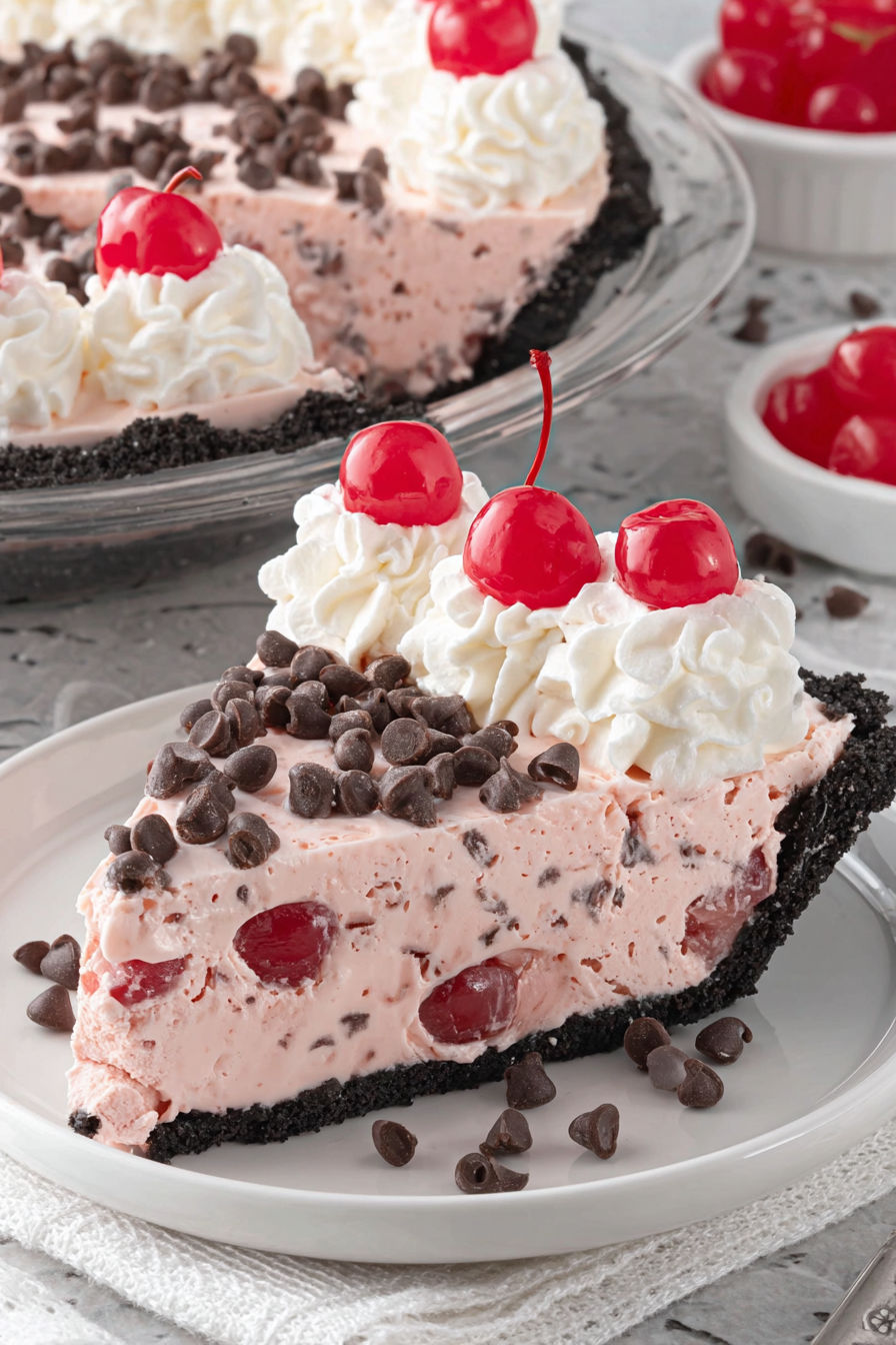 A slice of chocolate cherry pie.