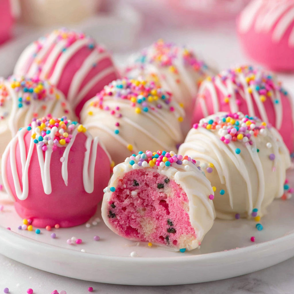 Pink and white frosted cookies with sprinkles.