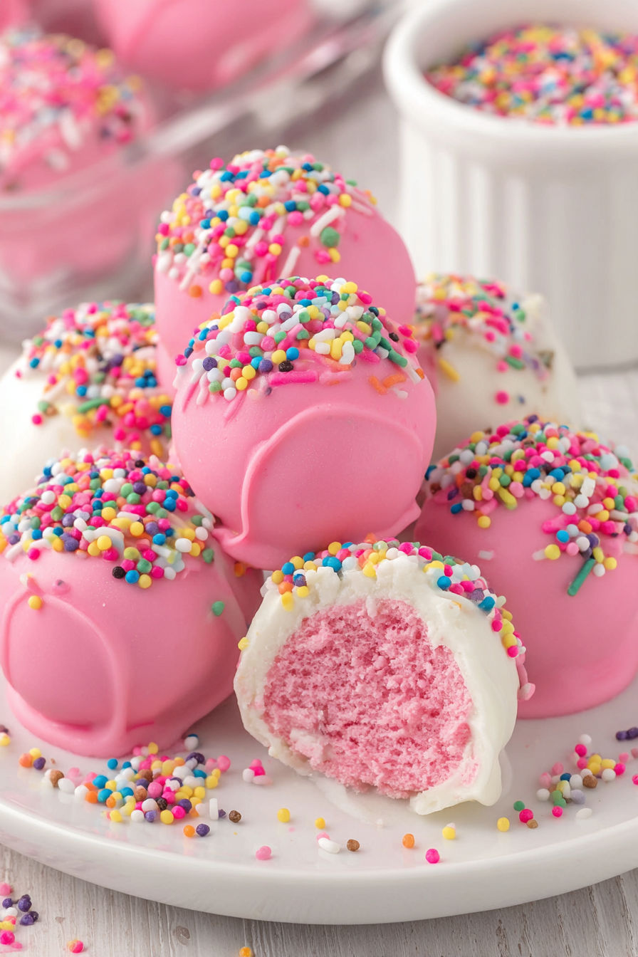 Pink and white frosted cookies with sprinkles.