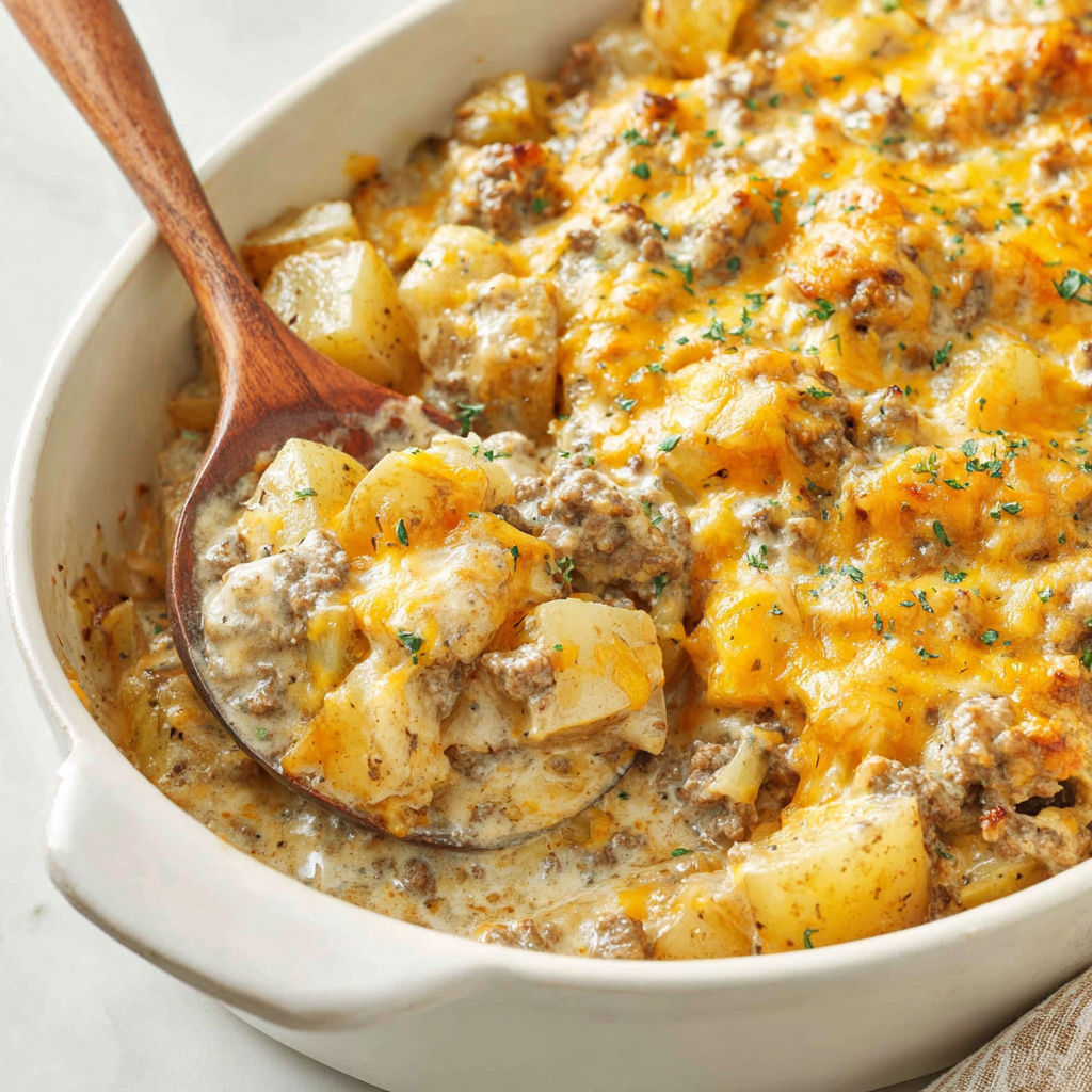 A bowl of cheesy ground beef and potato casserole.