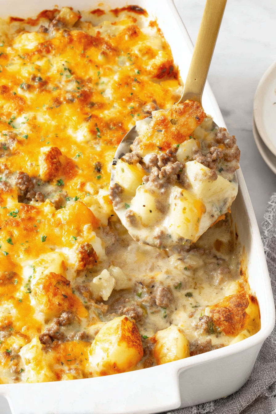 A spoon is in a cheesy ground beef and potato casserole.
