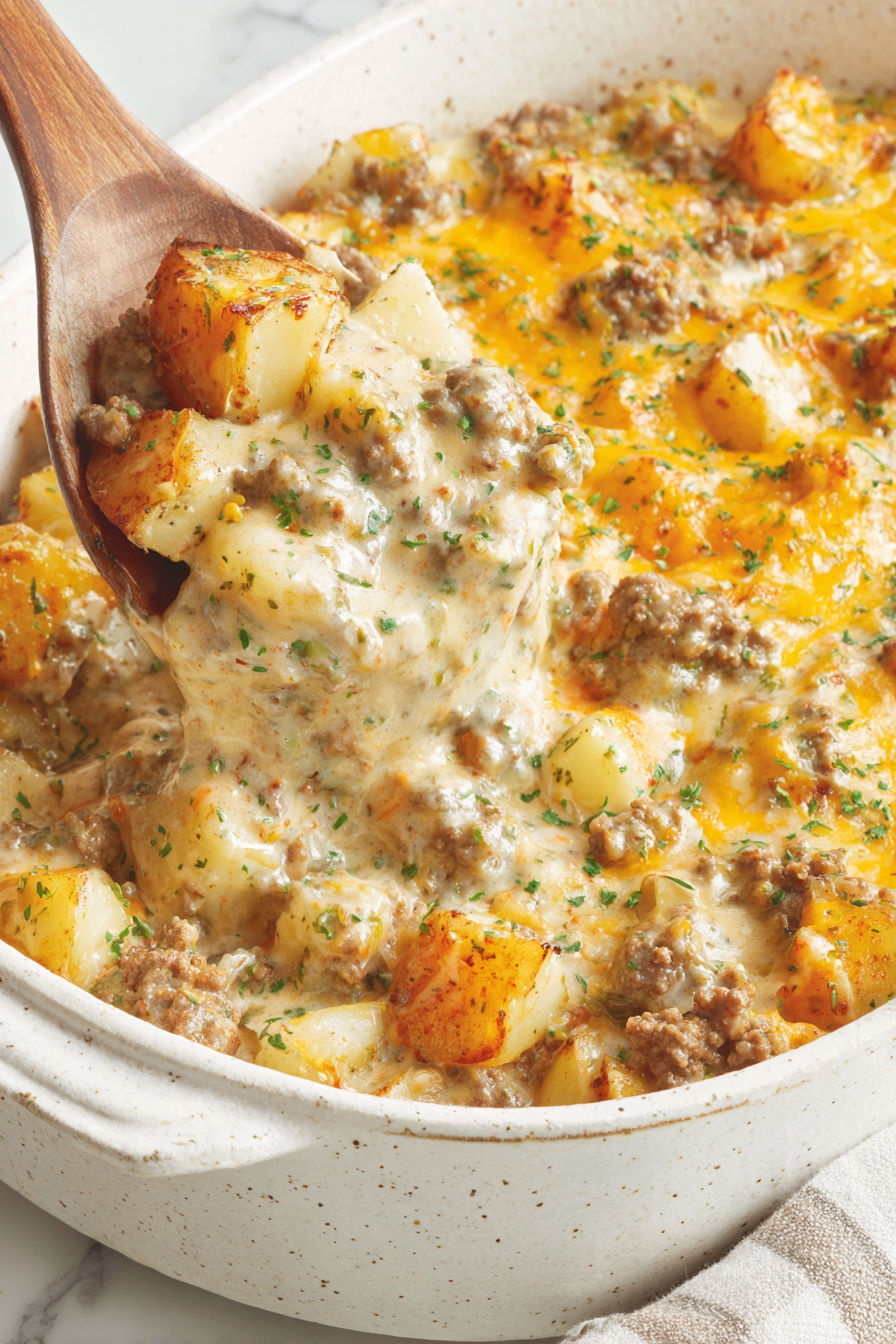 A close up of a cheesy ground beef and potato casserole.
