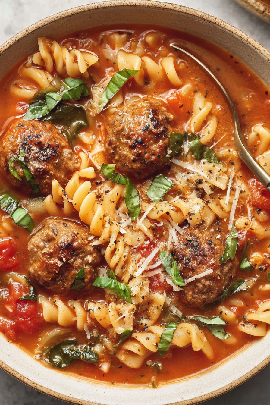 A bowl of Italian meatball soup with pasta and cheese.