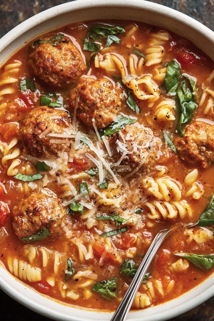 A bowl of Italian meatball soup with noodles and meatballs.