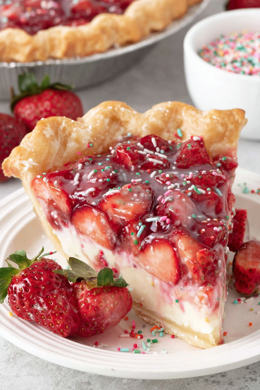 A slice of pie with strawberries and whipped cream.