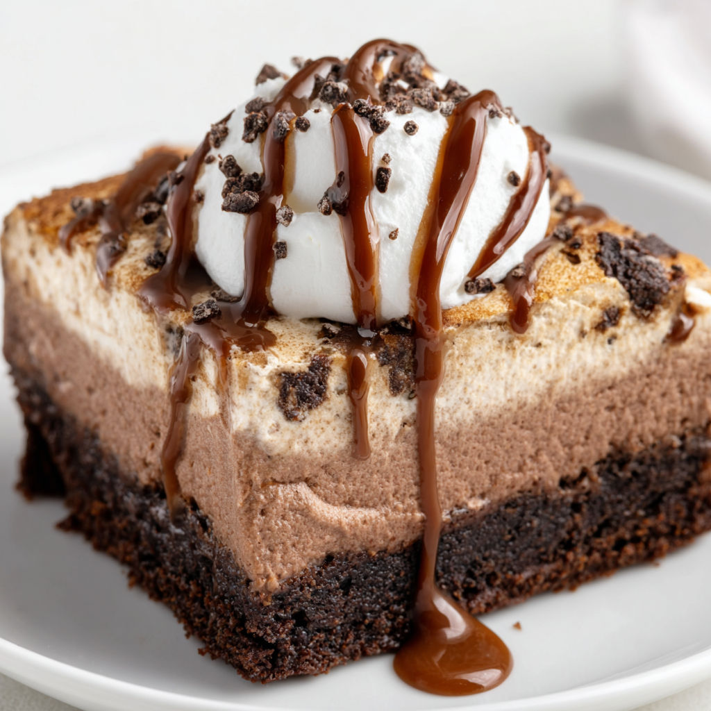 A slice of chocolate mousse brownies with white icing.