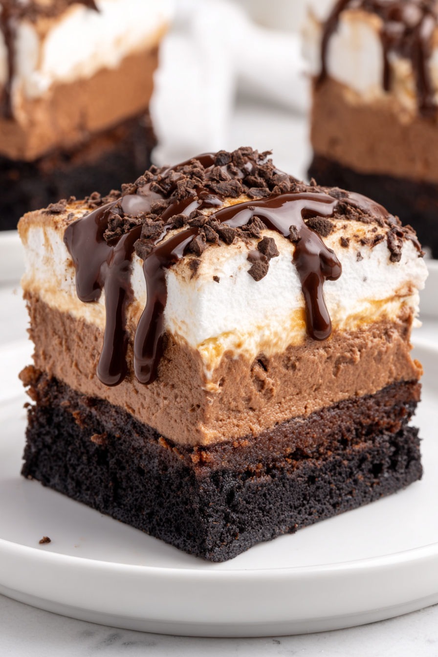 A slice of chocolate mousse brownies with chocolate drizzle.
