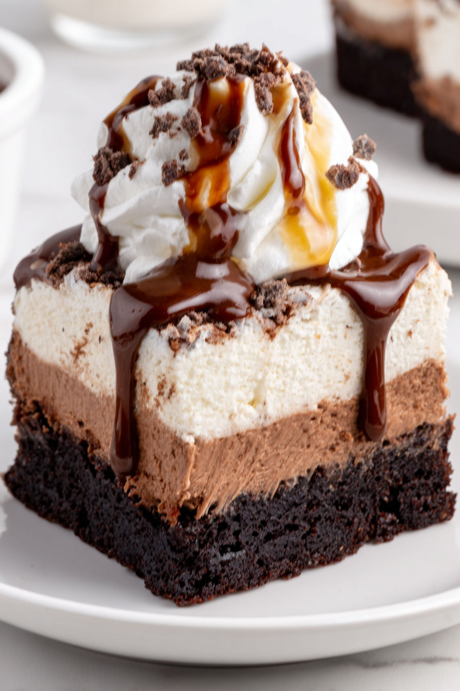 A chocolate mousse brownies dessert with white whipped cream.