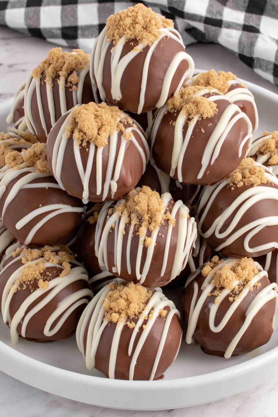 A plate of chocolate and white frosted balls.