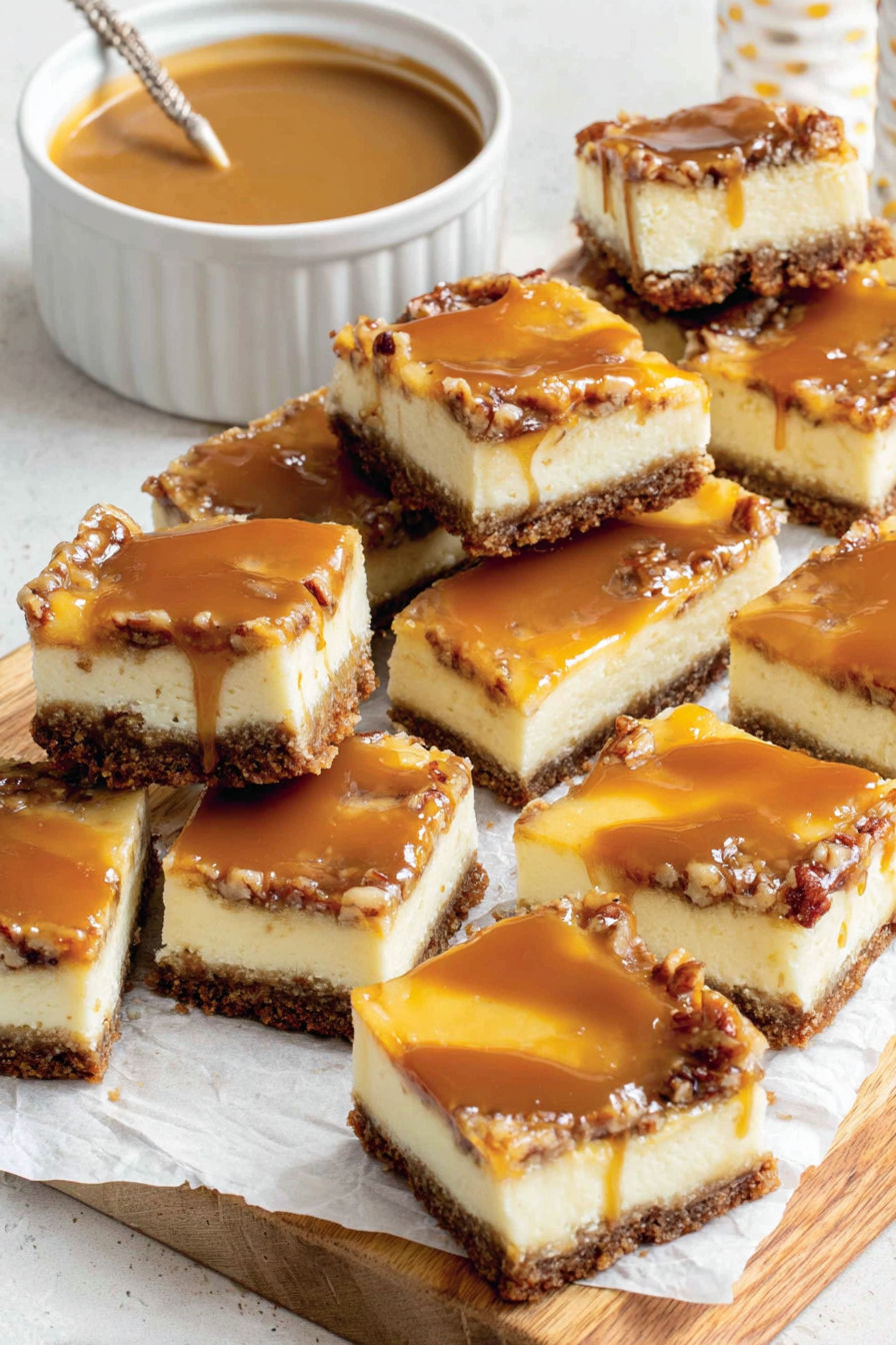 A plate of caramel cheesecake bars.