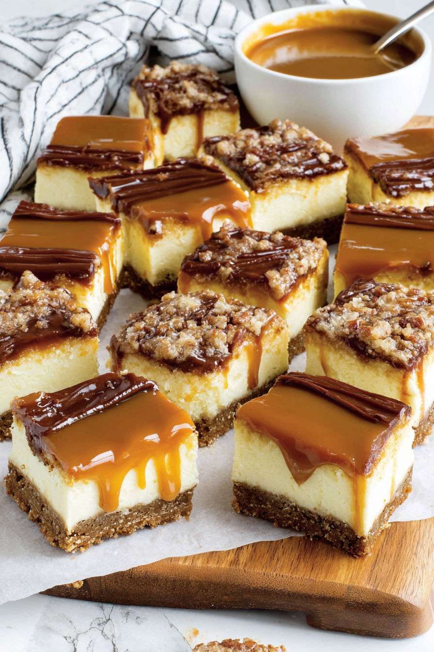 A close up of a delicious caramel cheesecake bar.
