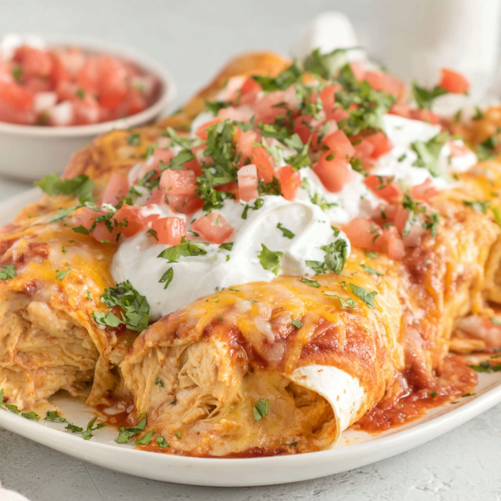 A plate of cream cheese chicken enchiladas.