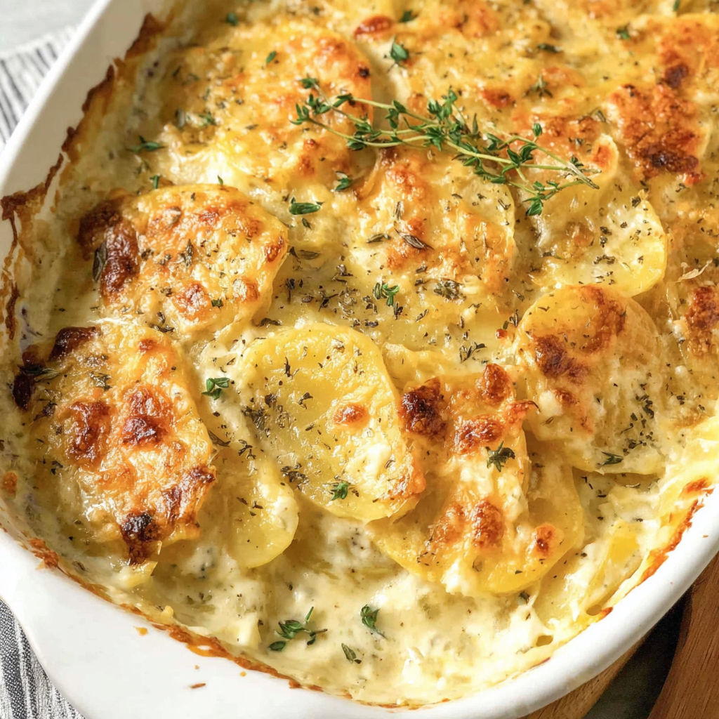 A dish of scalloped potatoes.