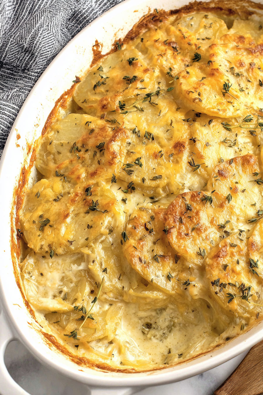 A dish of scalloped potatoes.