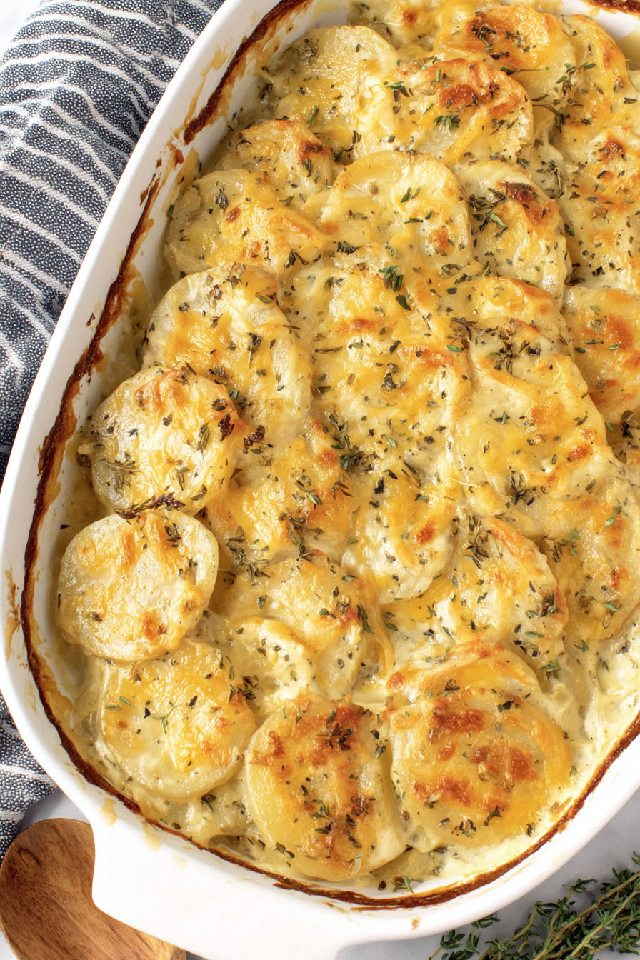 A dish of scalloped potatoes.