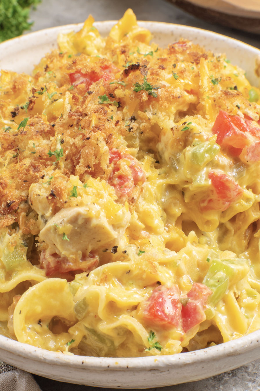 A close up of a chicken casserole.