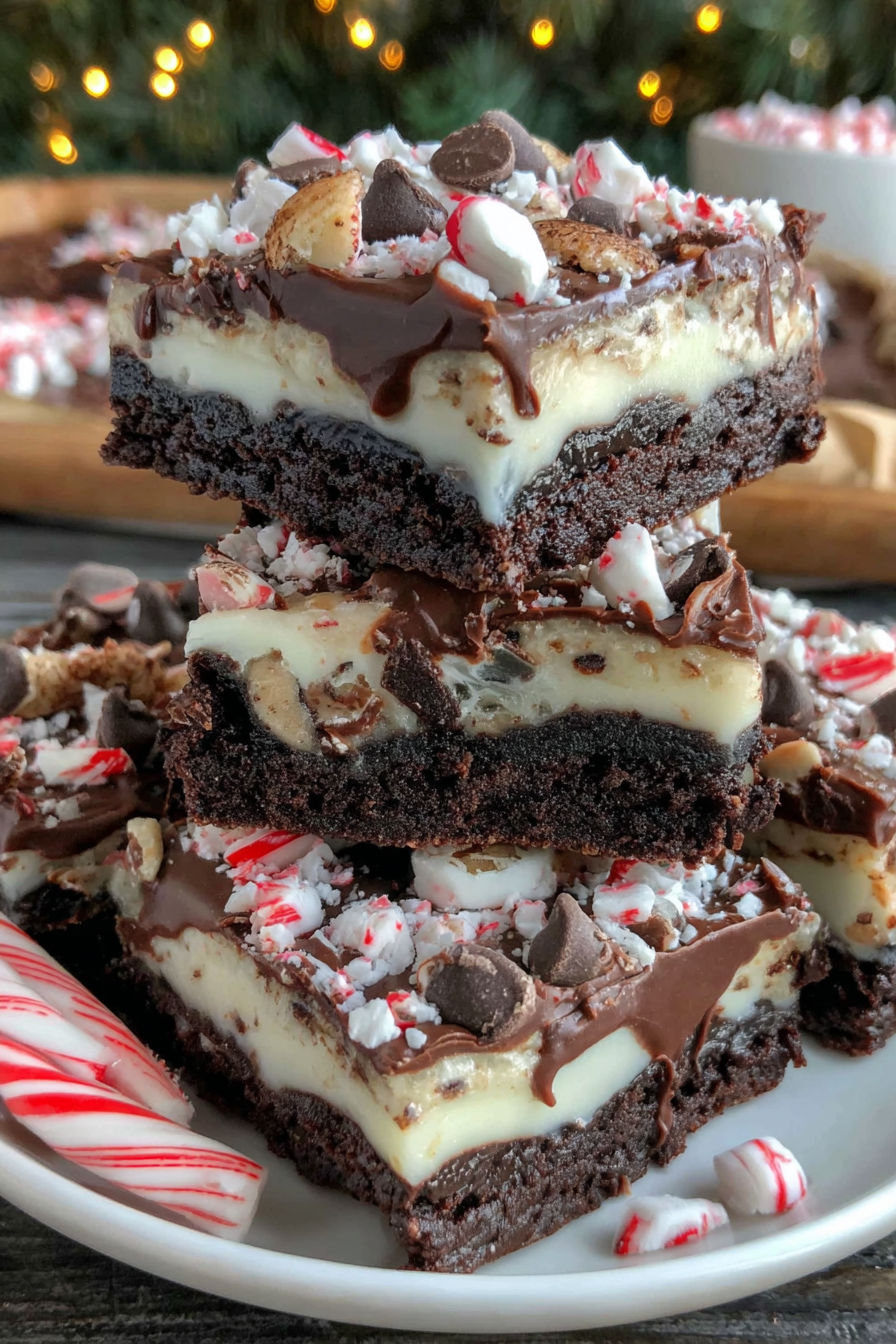 A stack of chocolate and peppermint cookies.