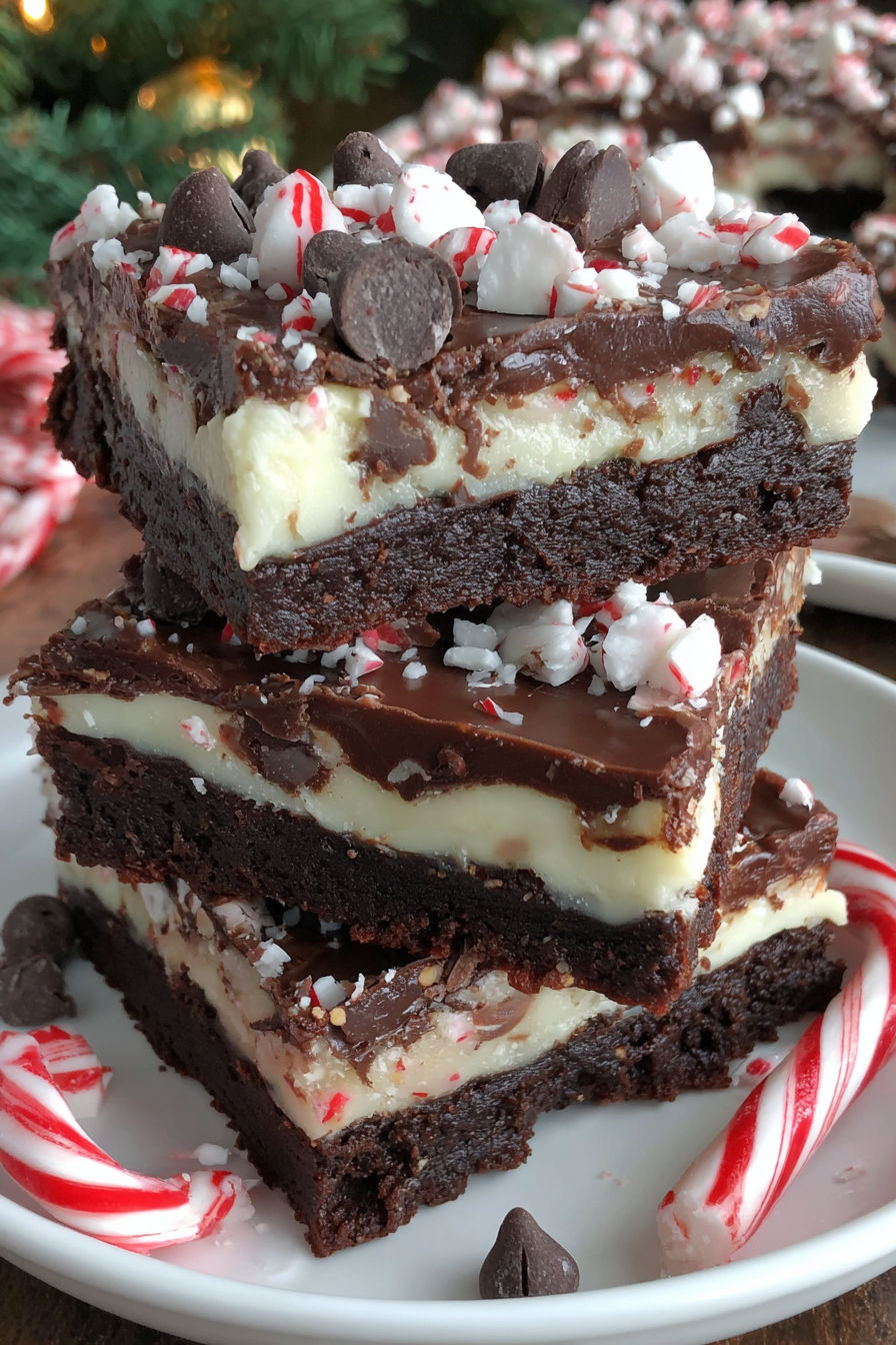 A stack of three chocolate cakes with white frosting and red and white sprinkles.