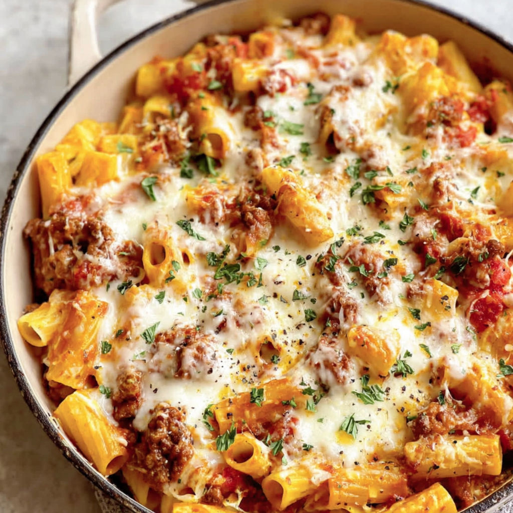 A bowl of Four Cheese Baked Rigatoni.