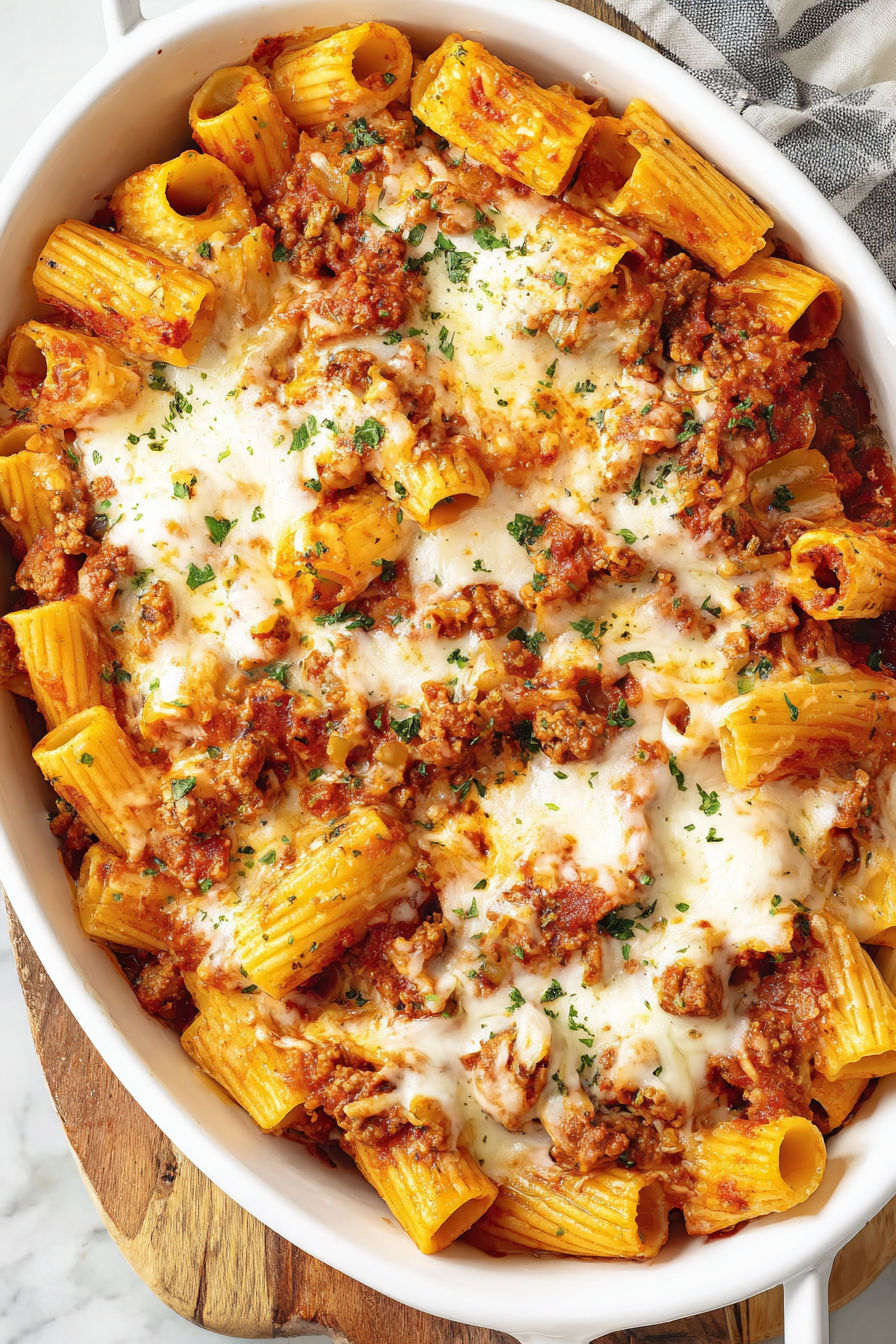 A bowl of Four Cheese Baked Rigatoni.