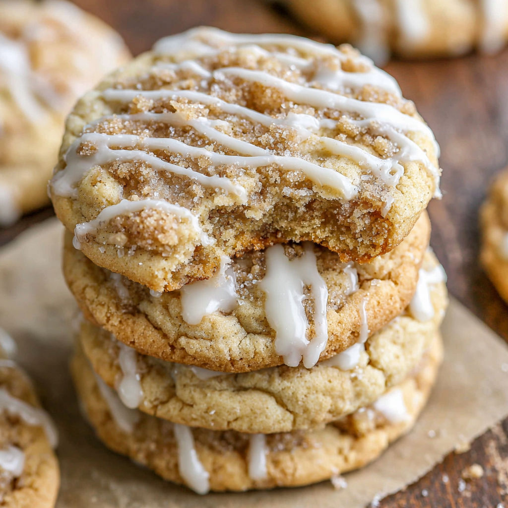 A stack of coffee cake cookies with white icing.