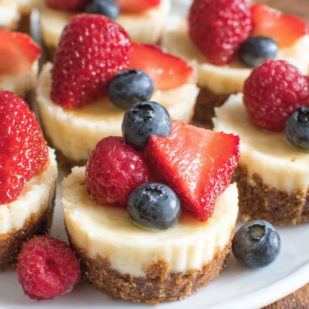 A plate of mini cheesecake bites with strawberries and blueberries on top.