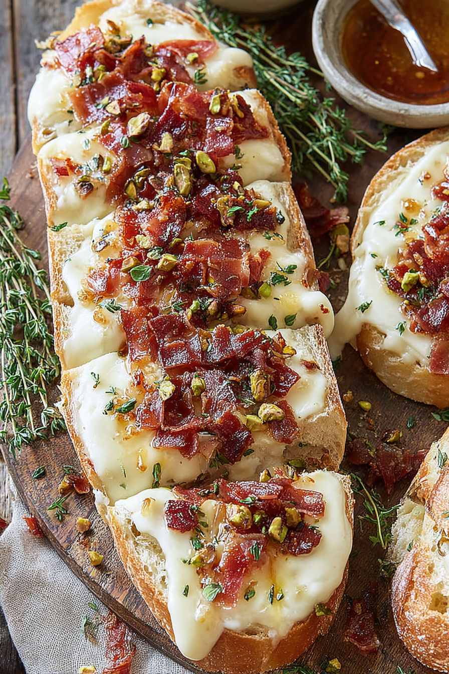A slice of bread with cheese and bacon on it.