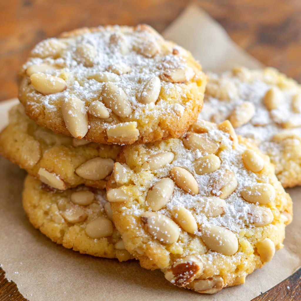 Pignoli cookies on a paper towel.