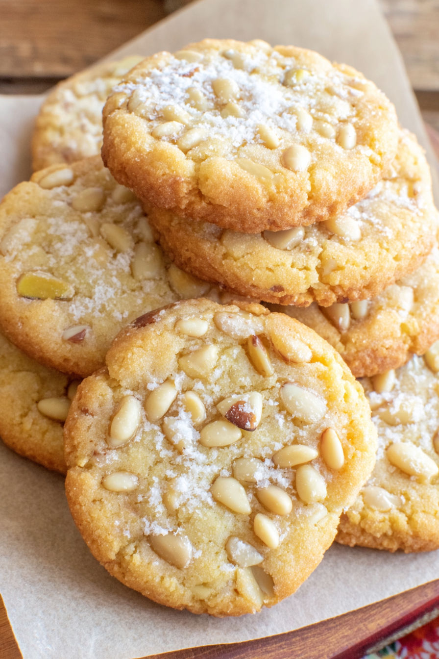 Pignoli cookies on a plate.