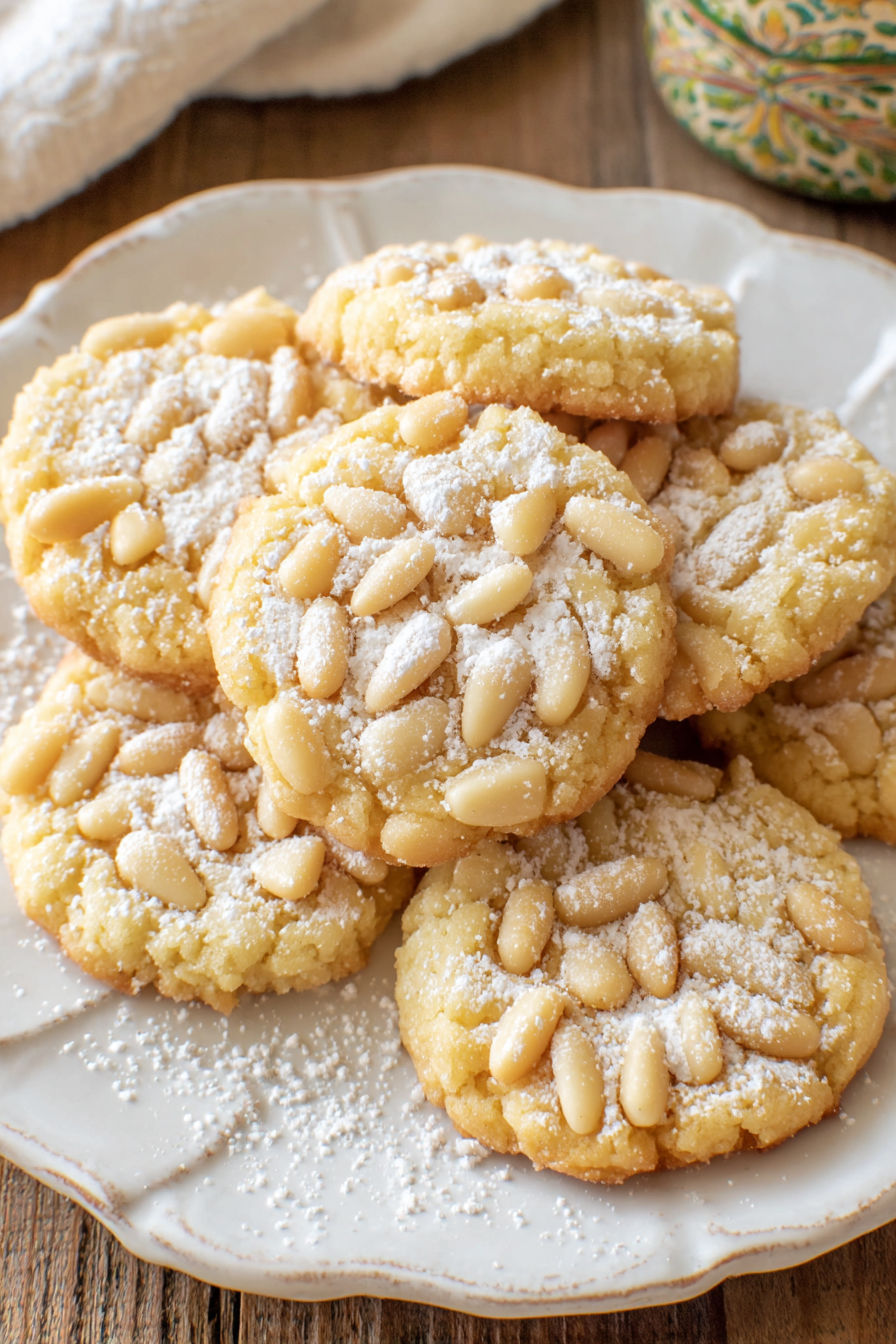 Pignoli cookies on a plate.