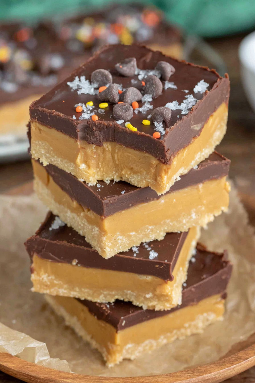 Three layers of chocolate and peanut butter buckeye bars.