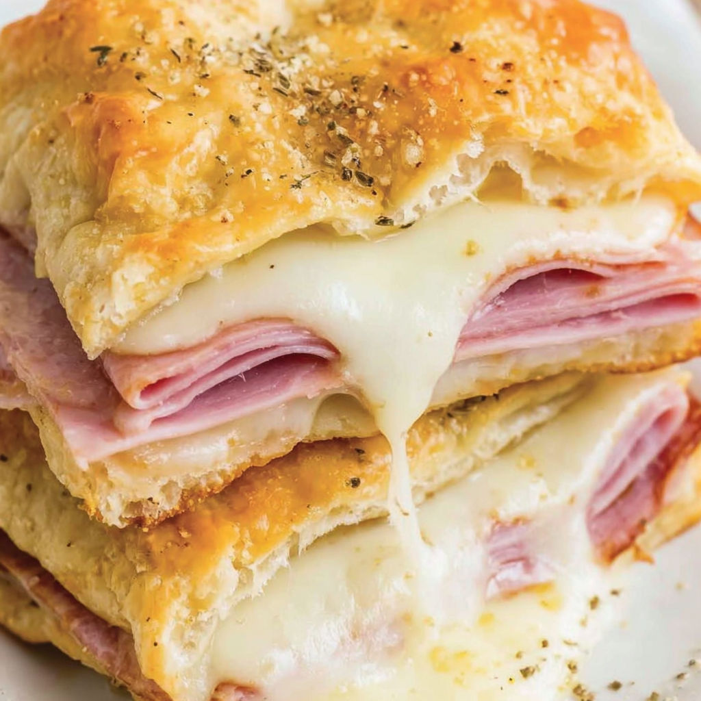 A stack of baked ham and cheese sandwiches.