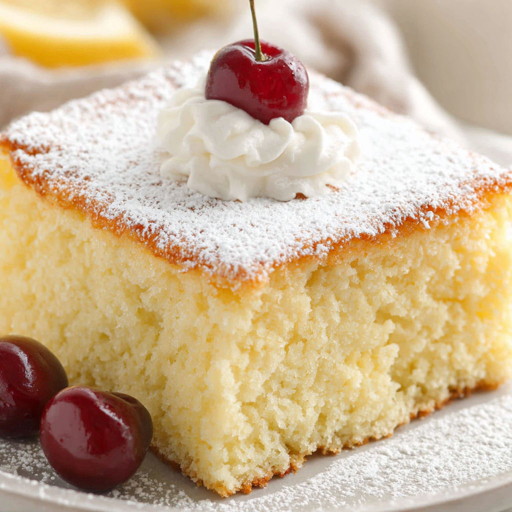 A slice of hot milk cake with a cherry on top.