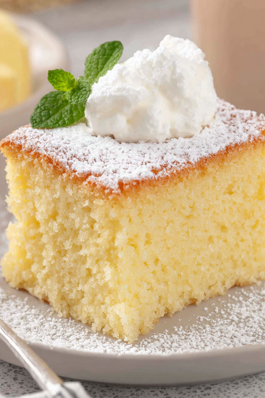 A slice of hot milk cake with whipped cream on top.