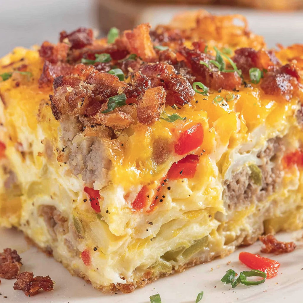 A crockpot breakfast casserole with bacon, cheese, and peppers.