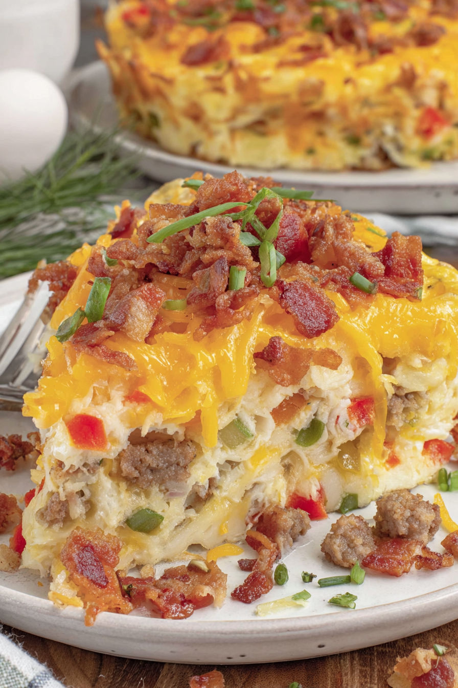 A crockpot breakfast casserole with bacon and cheese.