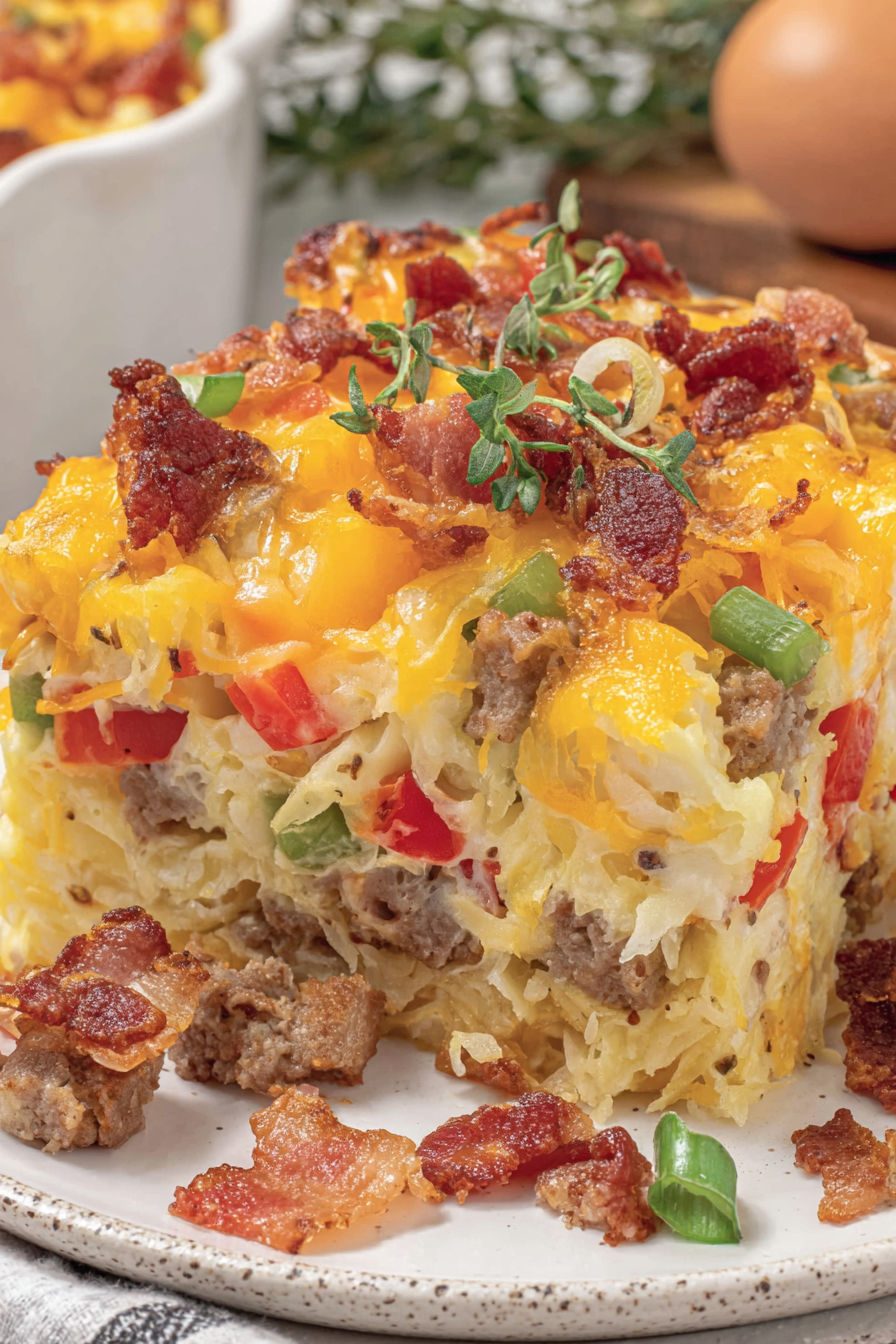 A close up of a crockpot breakfast casserole.