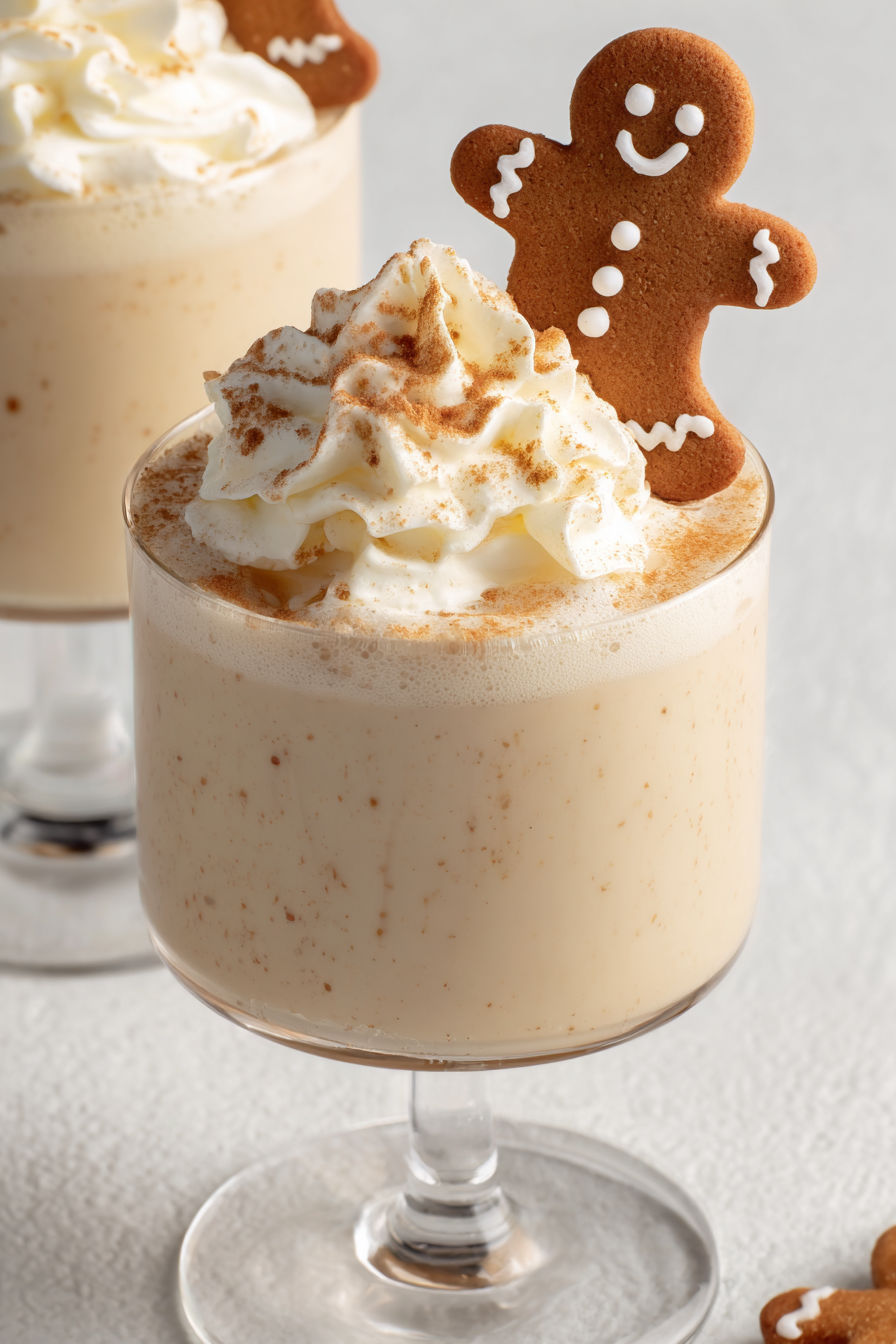 A glass of milk with a cookie on top.