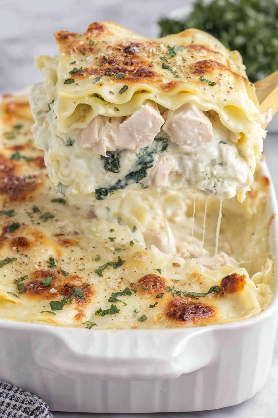 A close up of a chicken lasagna dish.
