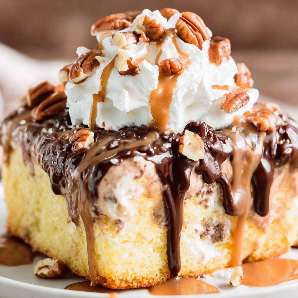 A slice of turtle poke cake with caramel drizzle.